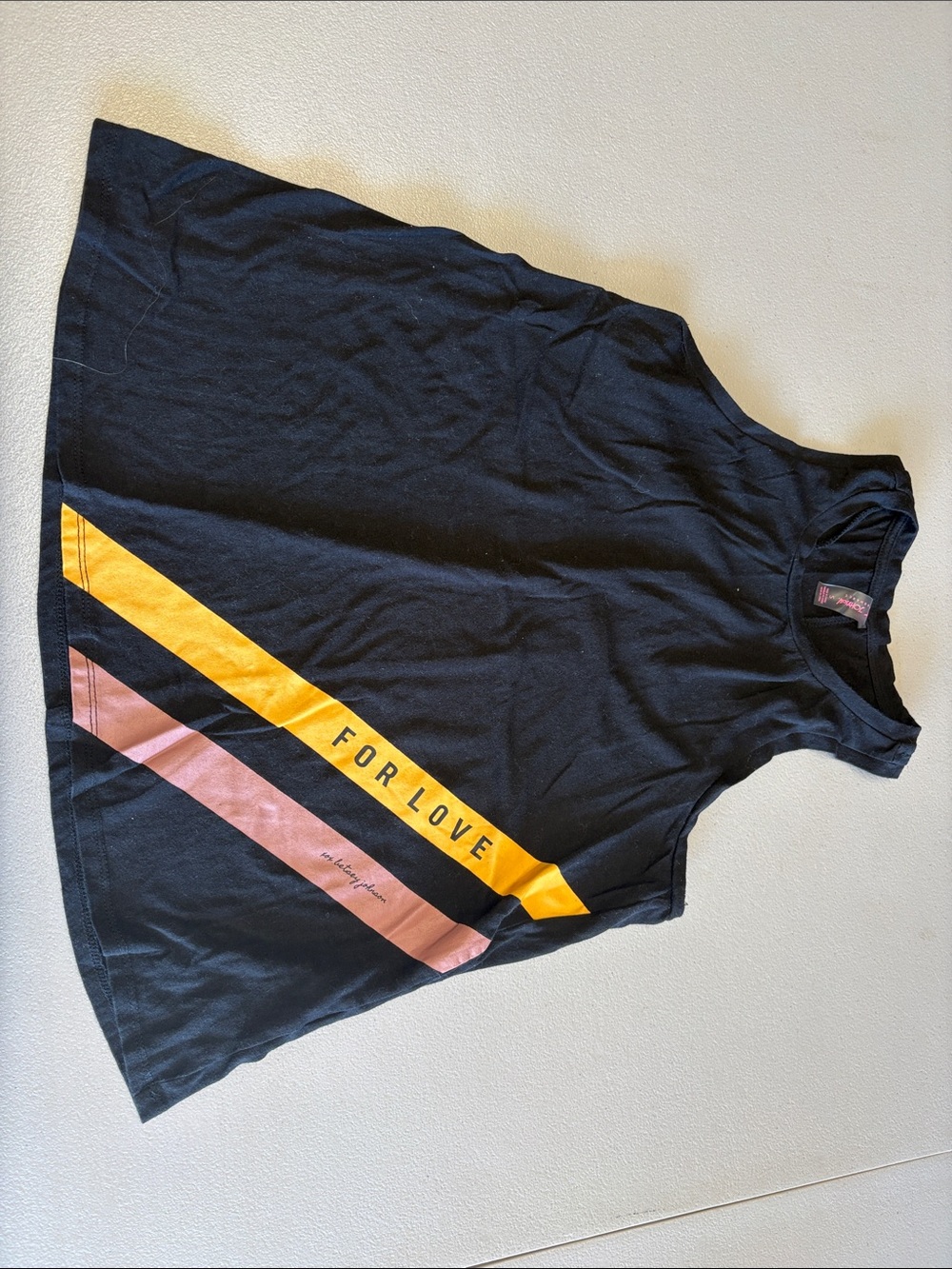 Betsey Johnson Black Tank with Yellow and Pink Diagonal Stripes and "FOR LOVE"